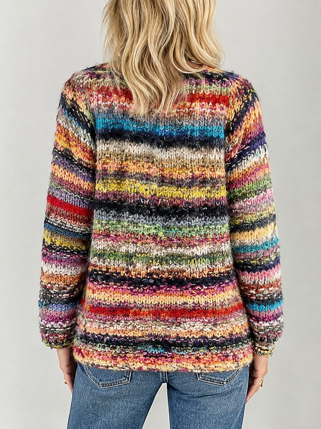 Women’s Open Front Multicoloured Striped Chunky Knit Cardigan