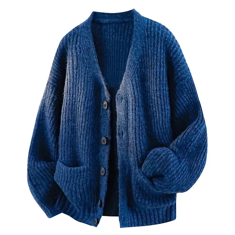 Men's Black Cardigan | Oversized V-Neck Knit Sweater 5