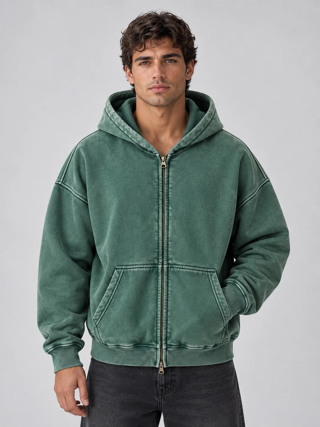 Men's Oversized Full Zip Hoodie Washed Cotton Blend 4