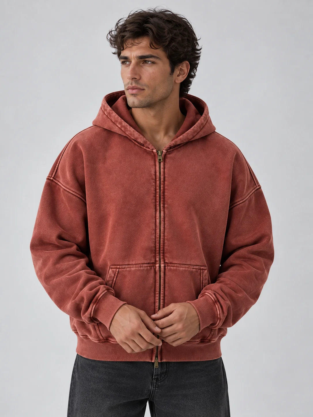 Men's Oversized Full Zip Hoodie Washed Cotton Blend 5