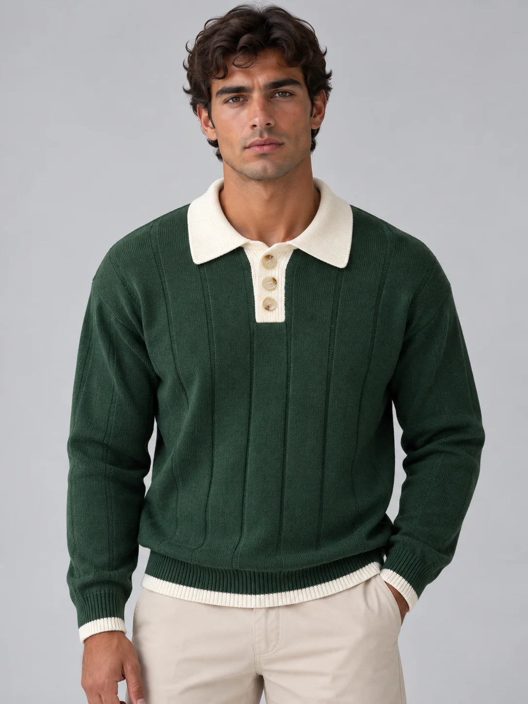 Men's Ribbed Knit Polo Jumper with Contrast Collar 0