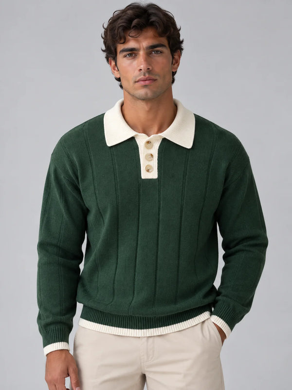 Men's Ribbed Knit Polo Jumper with Contrast Collar 0
