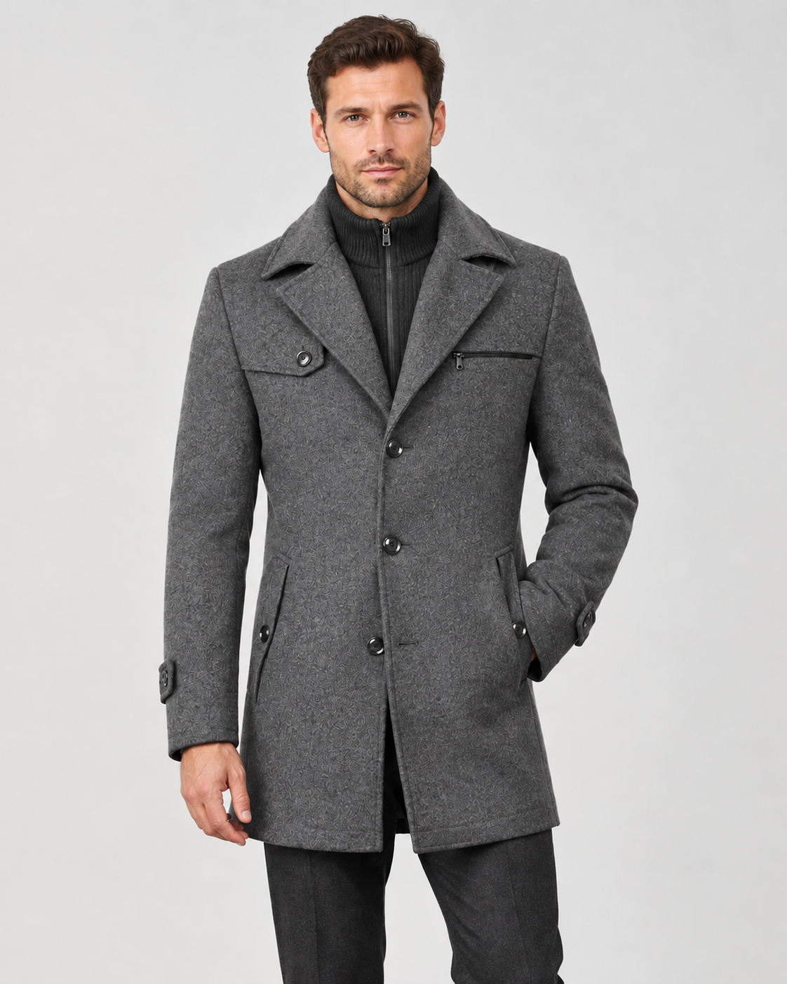 Men’s Single Breasted Winter Jacket with Notched Lapel