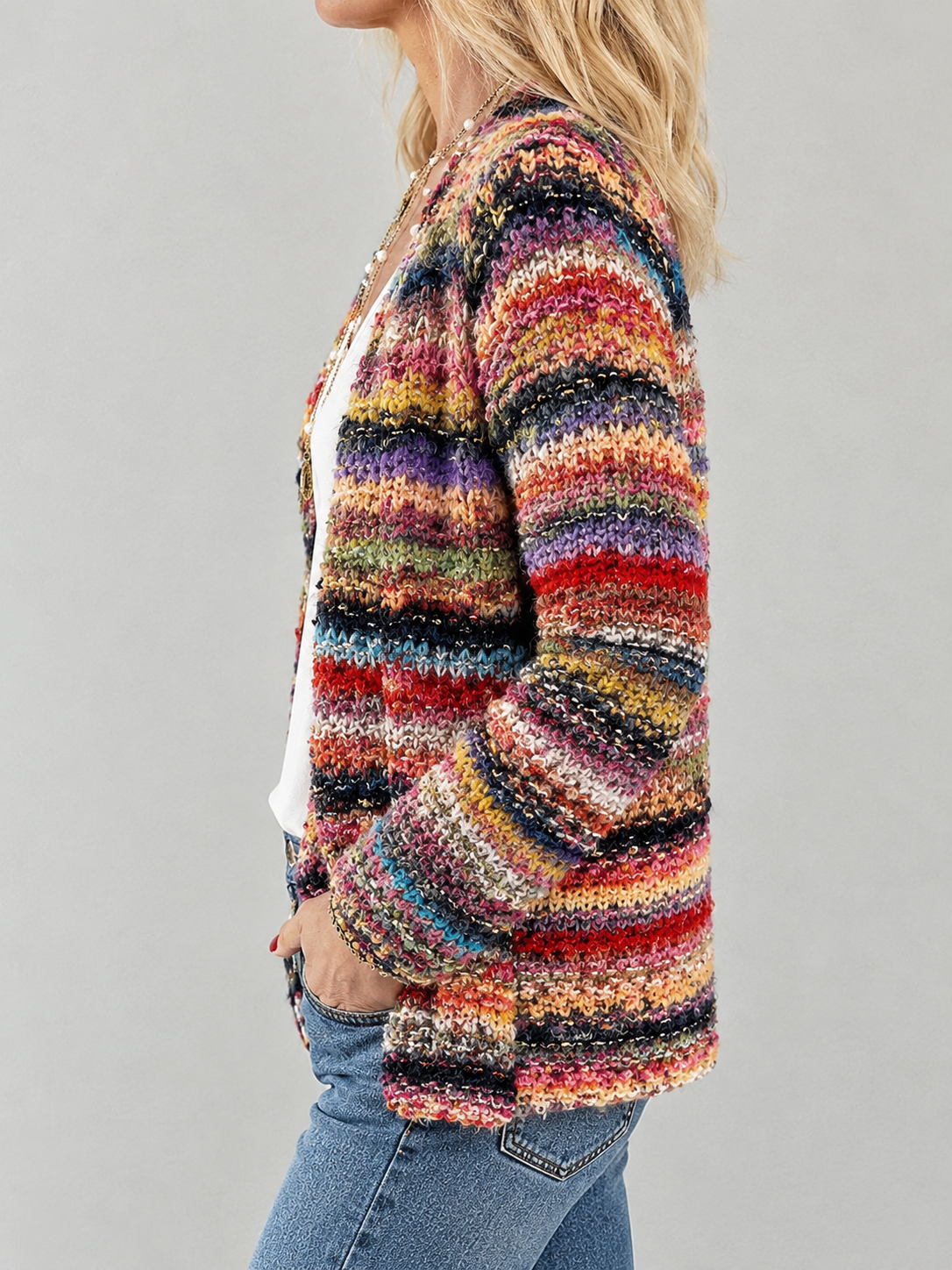 Women’s Open Front Multicoloured Striped Chunky Knit Cardigan