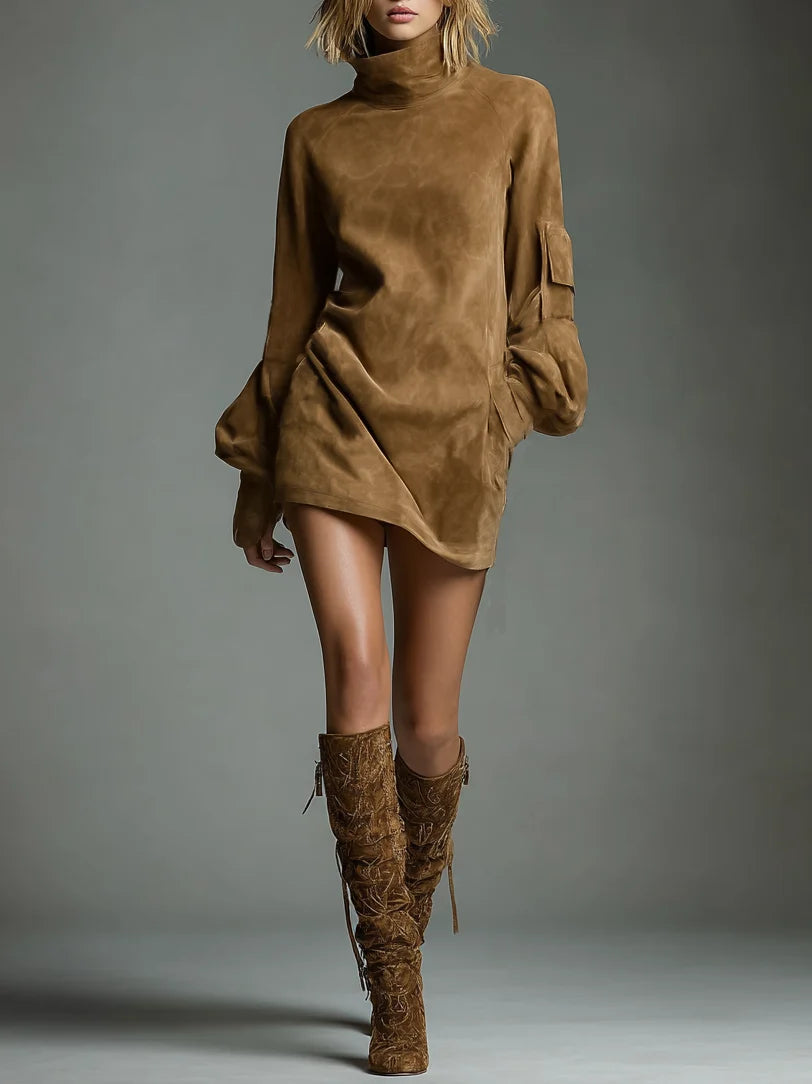Vintage Suede Turtleneck Mini Dress | Women's Fashion Dress 0