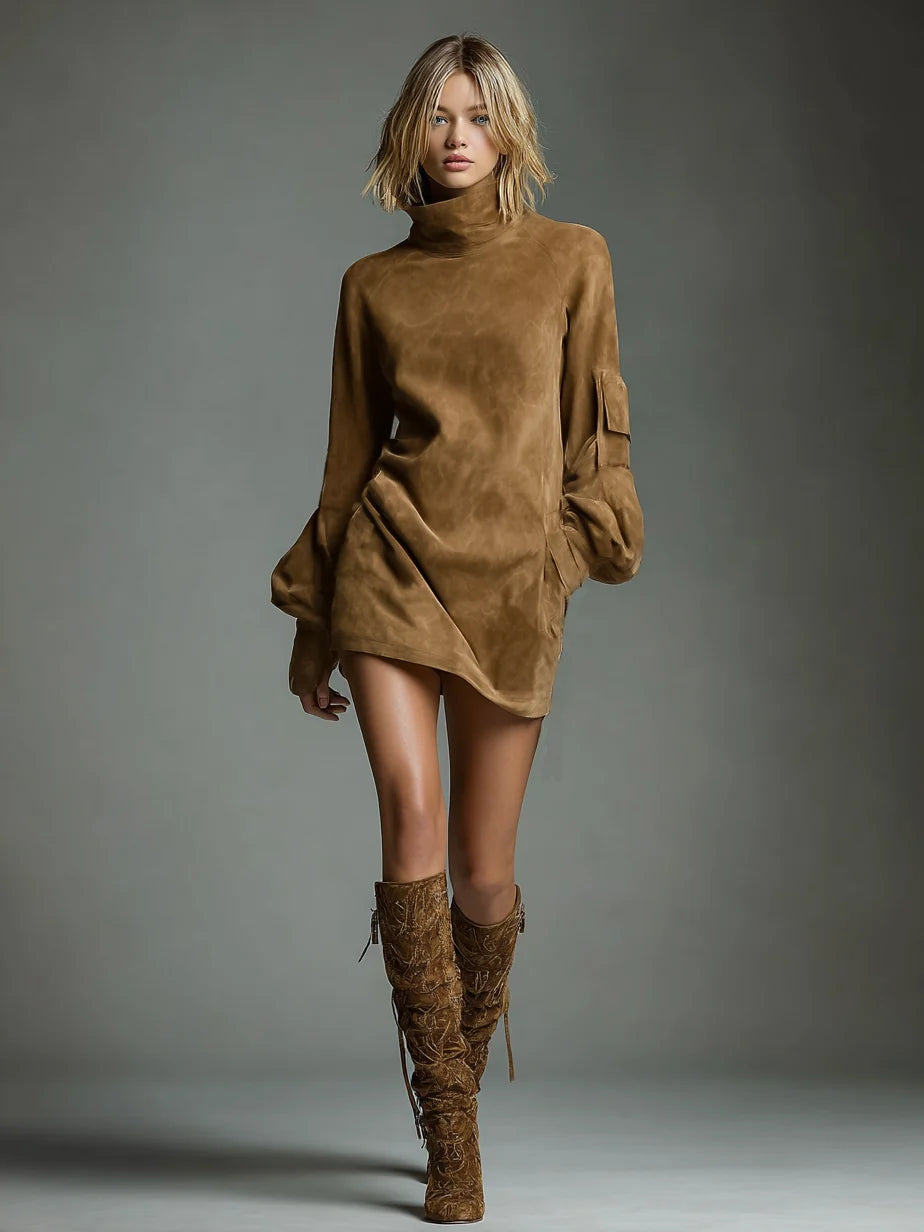 Vintage Suede Turtleneck Mini Dress | Women's Fashion Dress 3