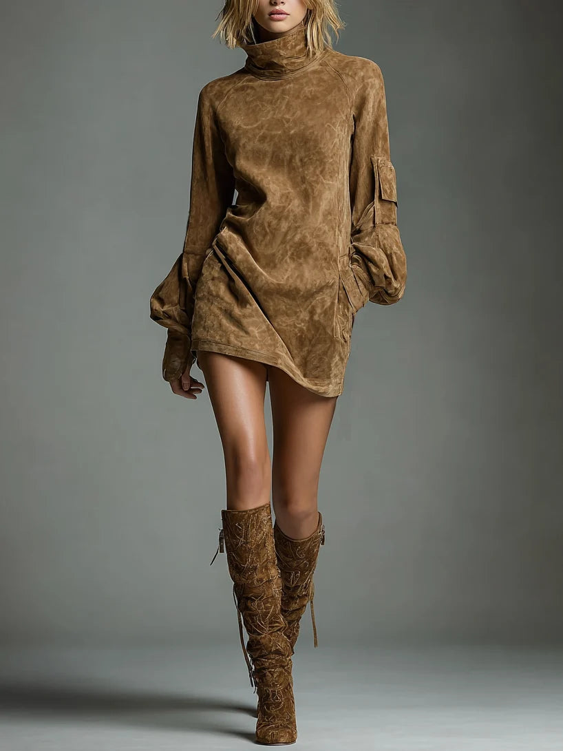 Vintage Suede Turtleneck Mini Dress | Women's Fashion Dress 6