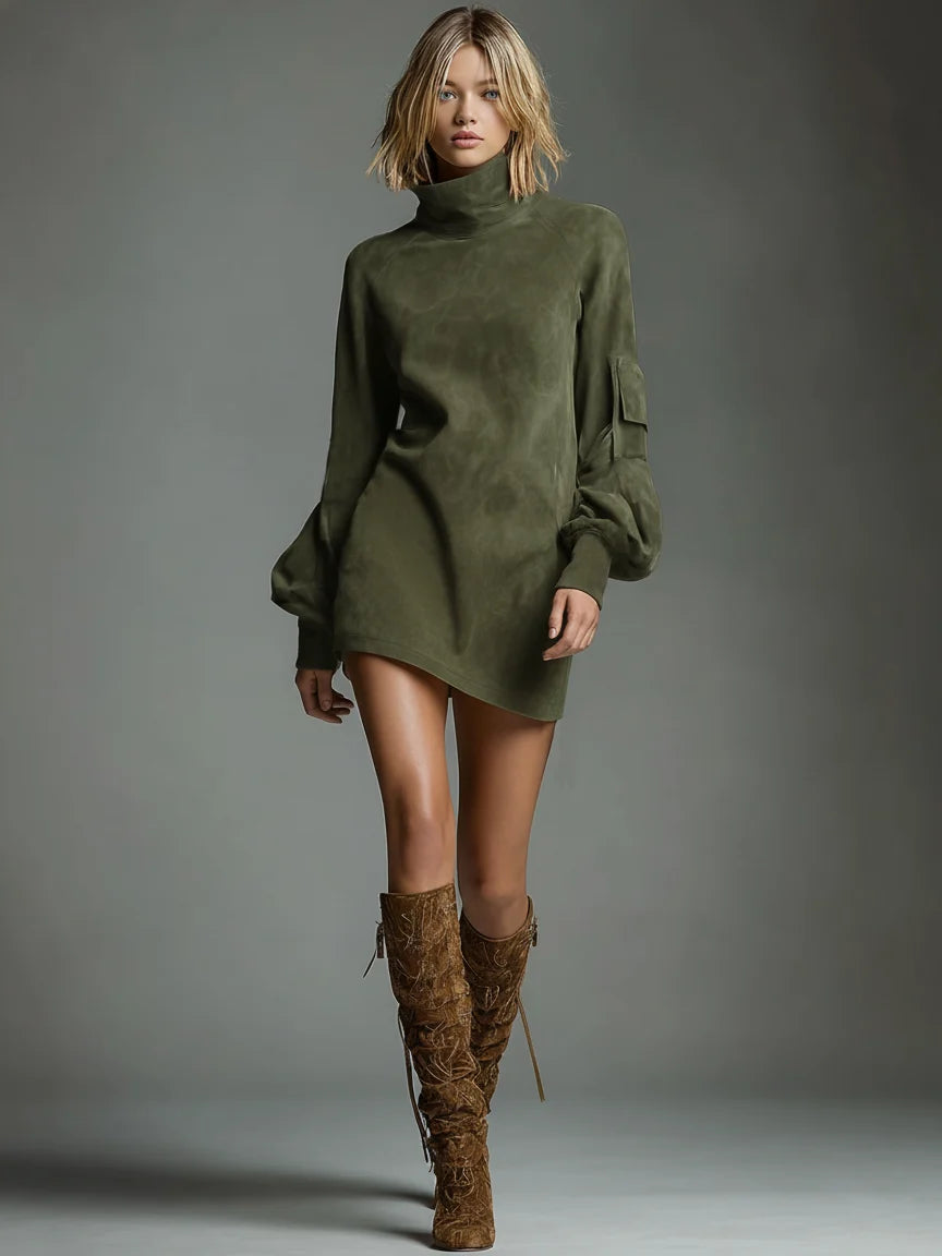 Vintage Suede Turtleneck Mini Dress | Women's Fashion Dress 8