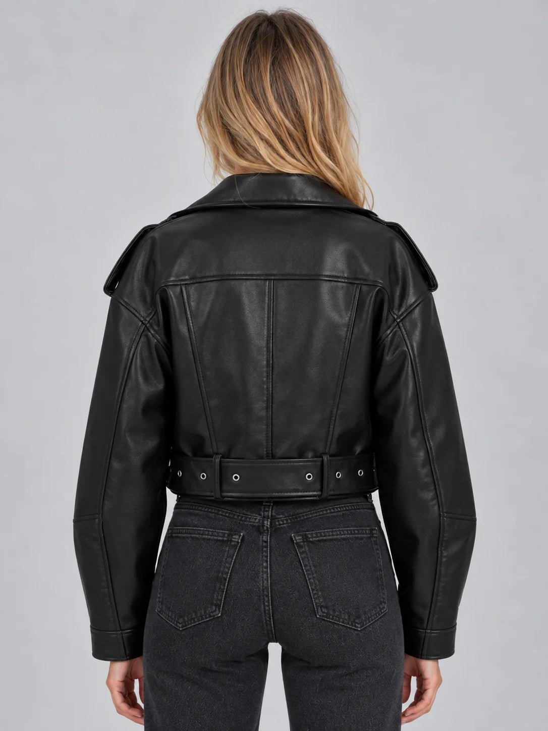 Women's Cropped Faux Leather Biker Jacket with Belt 1