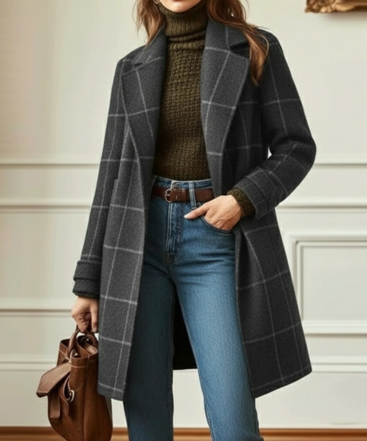 Wool Check Coat Tailored Fit Classic Lapel Collar 2