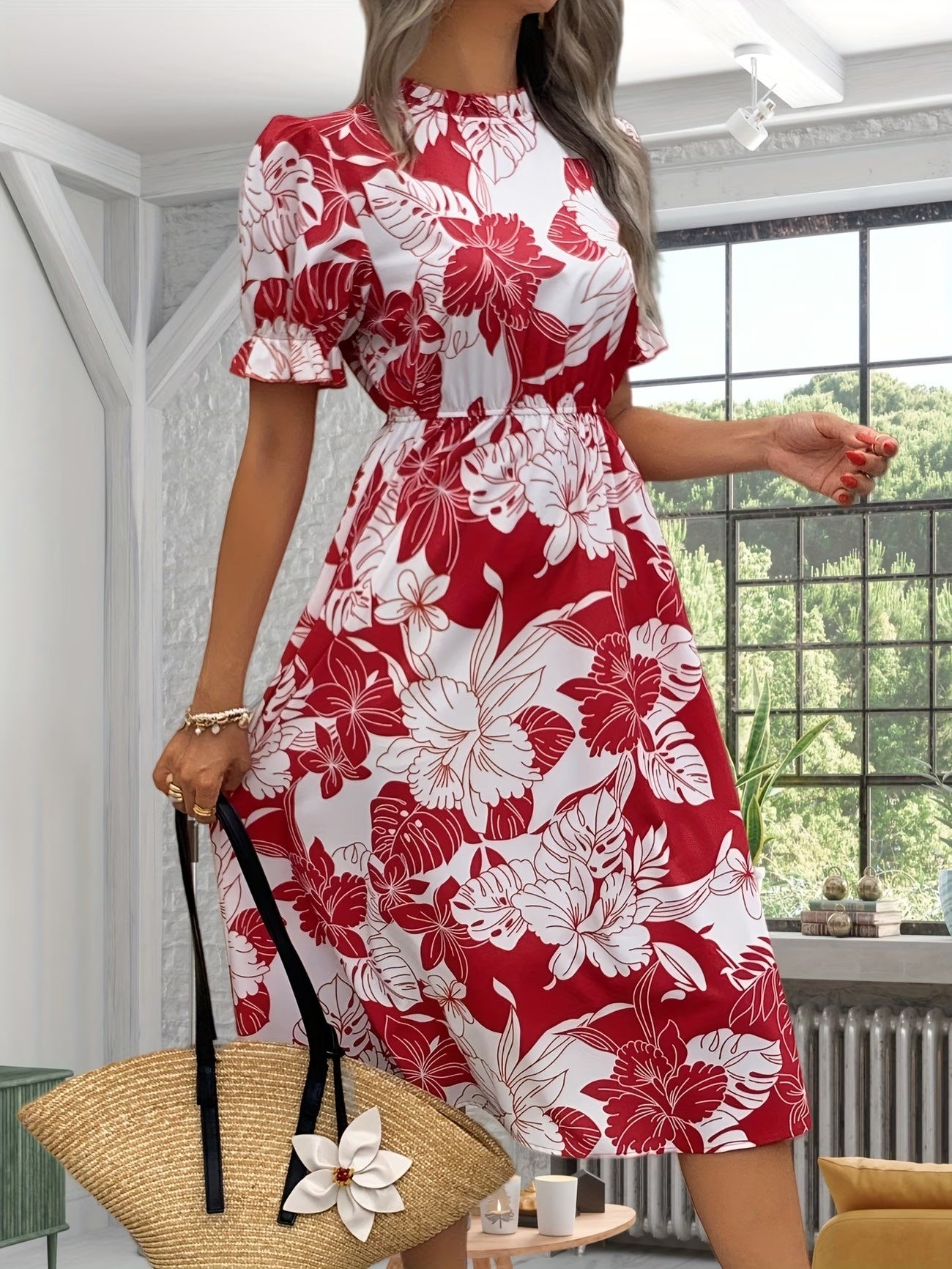Women’s Floral Midi Dress with Puff Sleeves