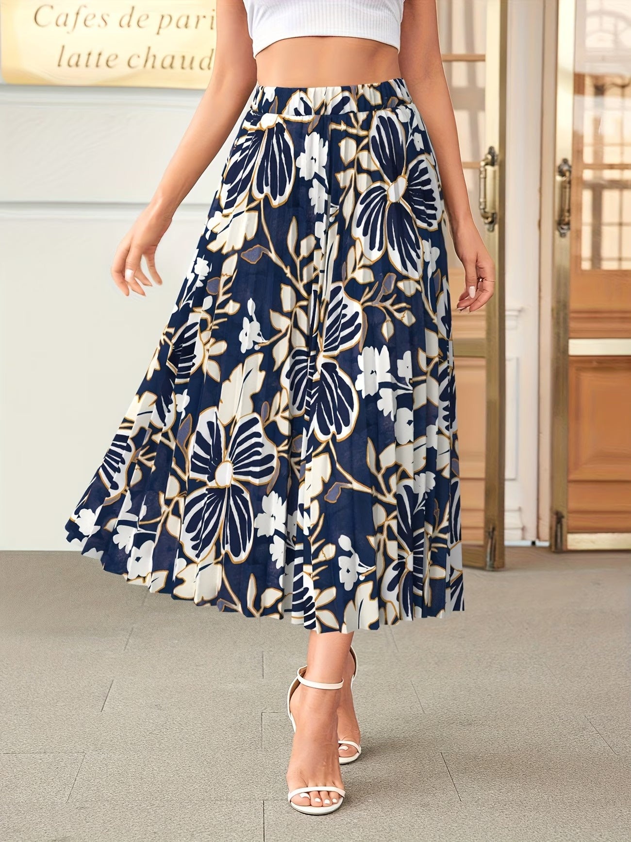Women’s Pleated Midi Skirt with Floral Print