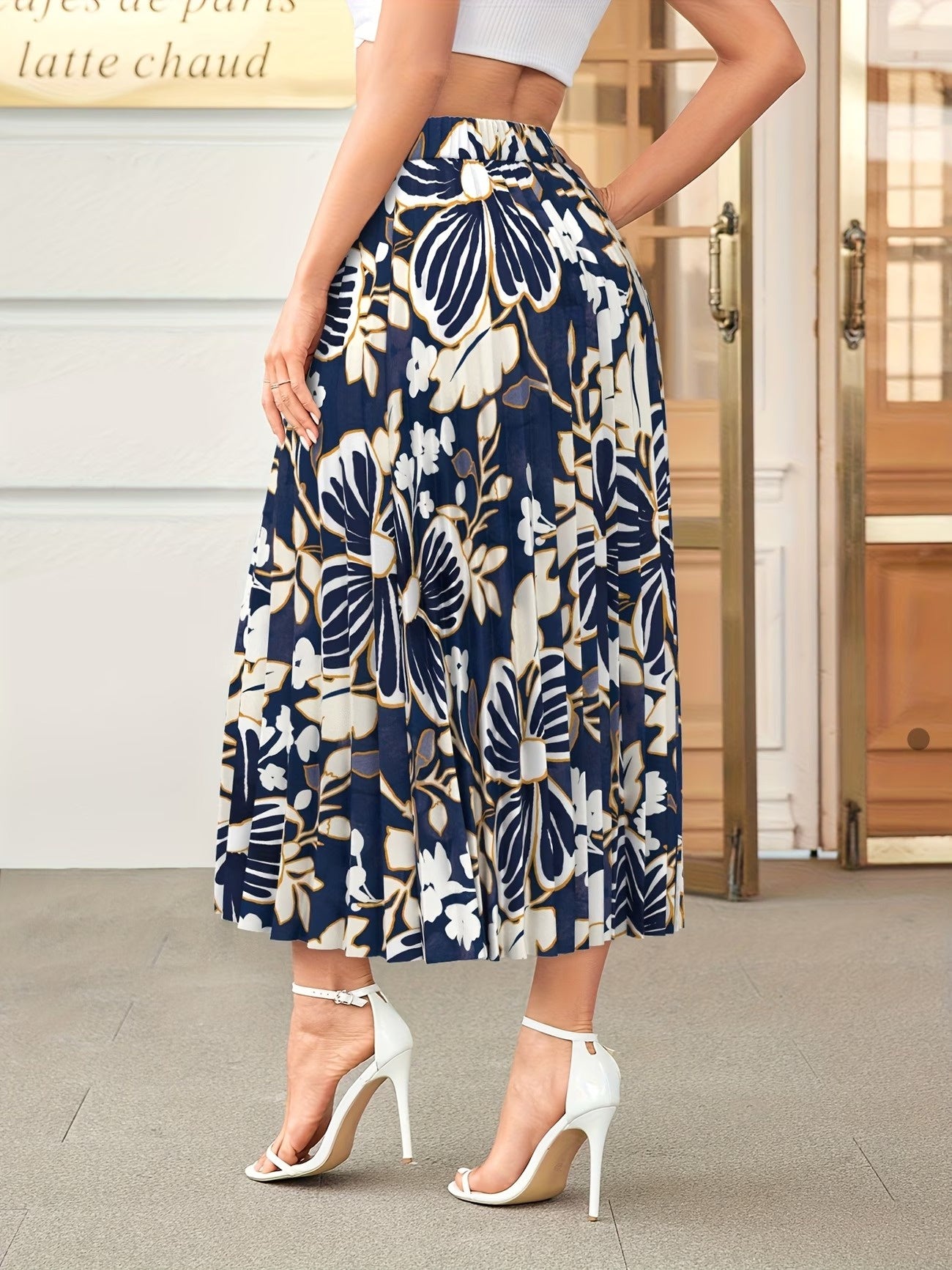 Women’s Pleated Midi Skirt with Floral Print